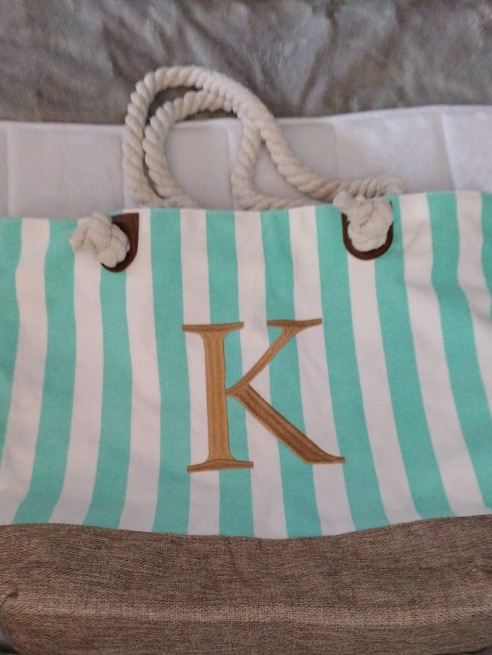 Monogrammed Striped Canvas Tote Bag in Aqua and White